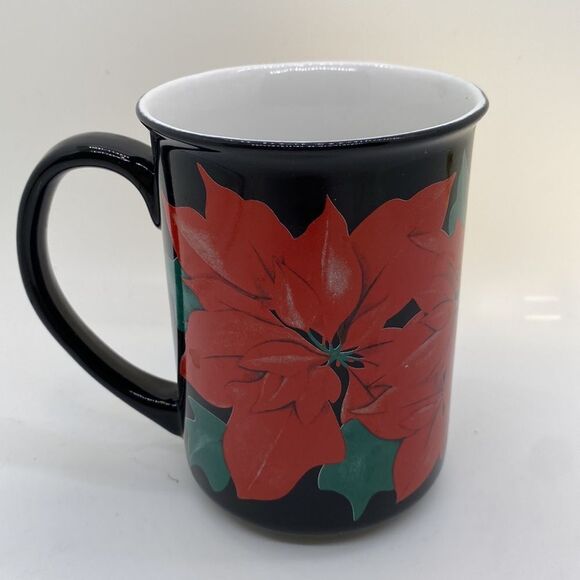 Poinsettia Coffee Mug Black w Red Christmas Flower Vintage Cup - Picture 3 of 8